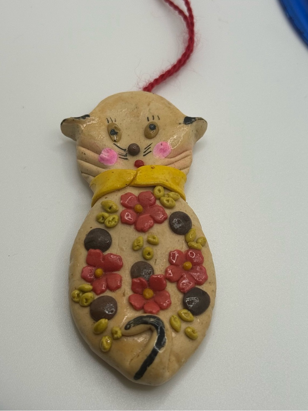 Vintage Handcrafted Cat Ornament with Pink Floral Accents Christmas mini